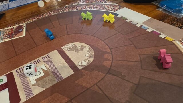 I can't believe I've never played Charioteer before! It's a chariot race with hand management. Sometimes you can go fast, sometimes your opponent gives you damage. All the while, the emperor will give you skills bonuses if you give him what he wants. It's crazy fun. I want to play again with the max 6 people! Thanks @goat.gram for teaching!
.
.
.
#boardgames #boardgamegeek #bgg #historicalgames #boardgamesofinstagram
