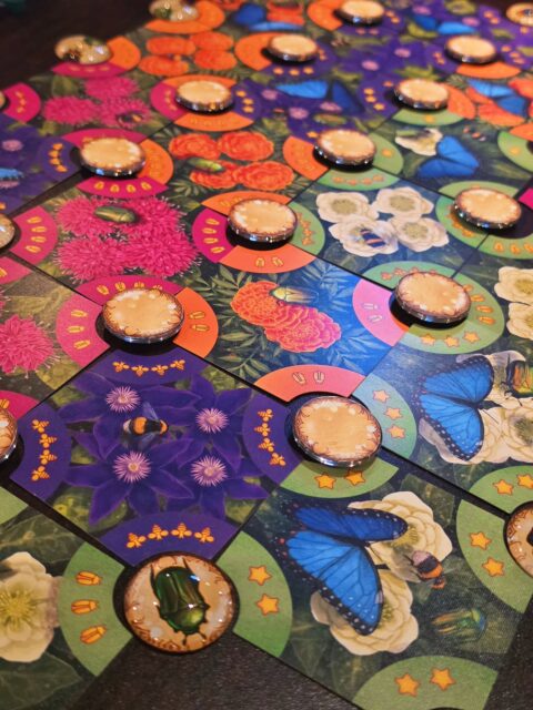 Played this charming, but cutthroat game, of Pollen tonight. You're placing flower cards to surround pollinator tokens, and the person with the majority of symbols that matches the pollinators on the token will get a bug meeple, either a butterfly, beetle or bee. At the end, you are eligible to win if you have a majority of one of those bugs, but then you will win based on which bug you have the second-most of. Brutal but gorgeous! The big meeples are so fancy too! 
.
.
.
#boardgamegeek #boardgames #bgg #tabletopgames #boardgamesofinstagram